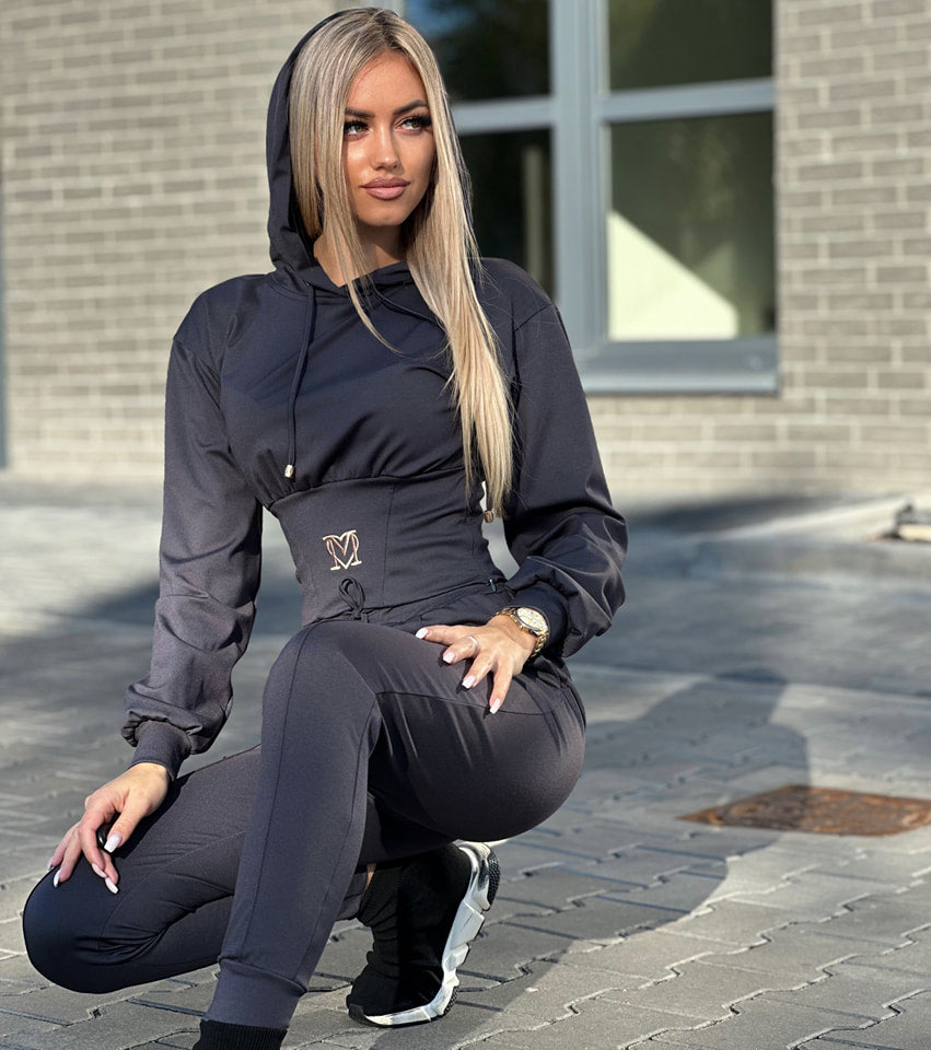 Trening Bumbac Cu Glugă și Talie Reglabilă Neagră