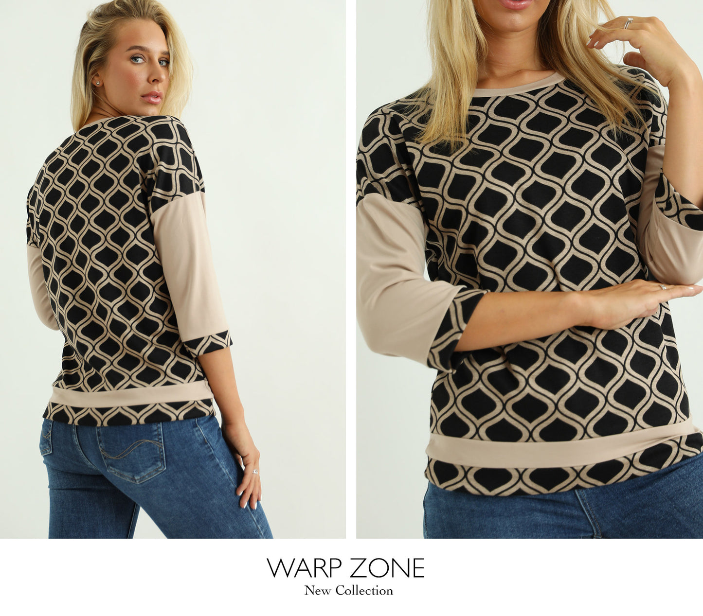 Bluză cu Imprimeu Geometric și Mâneci Trei Sferturi Warp Zone Bej