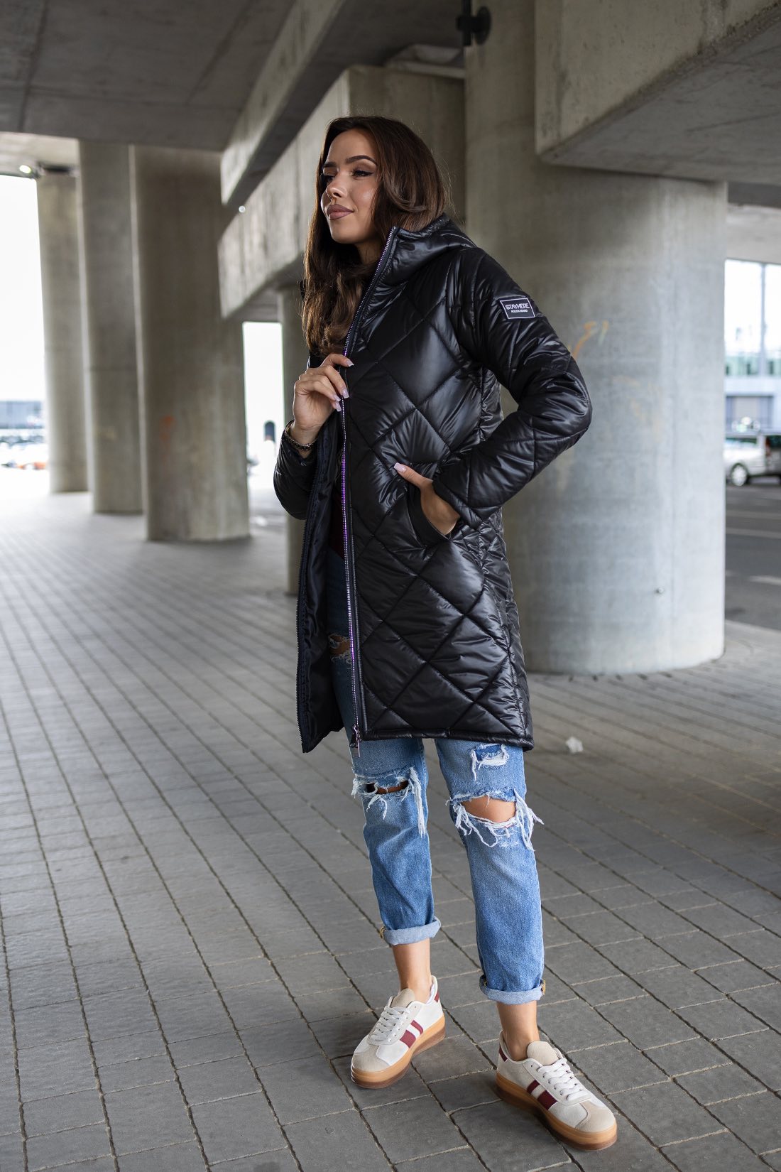 Geacă Steppat Cu Glugă, Drept , Negru