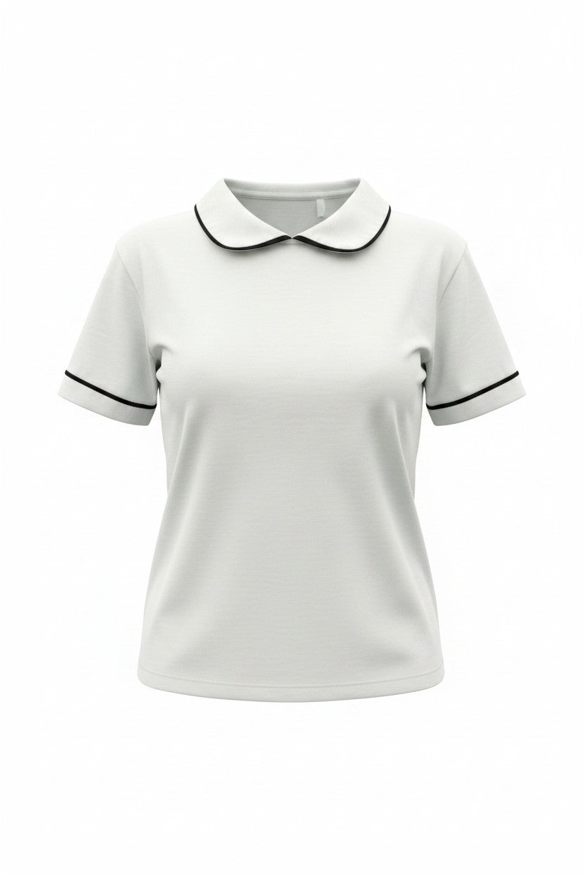 Bluză tip Tricou cu Guler și Borduri Contrastante - Alb
