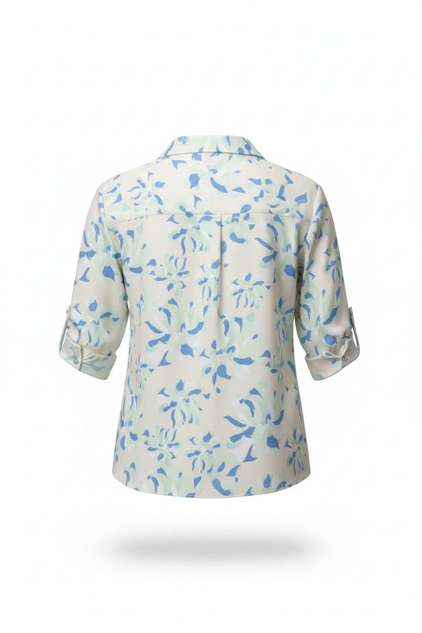 Cămașă Elegantă cu Imprimeu Floral - Mentă & Bej Vanilla