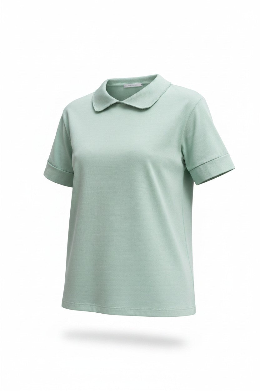 Bluză tip Tricou cu Guler și Broderie - Mint