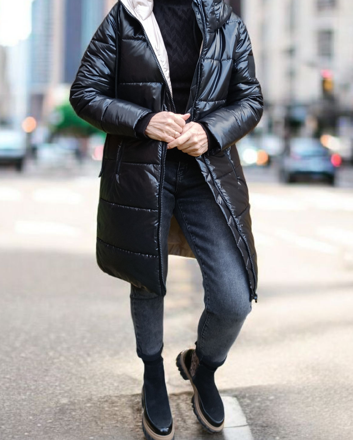 Geacă Matlasată Groasă Cu Glugă Negri