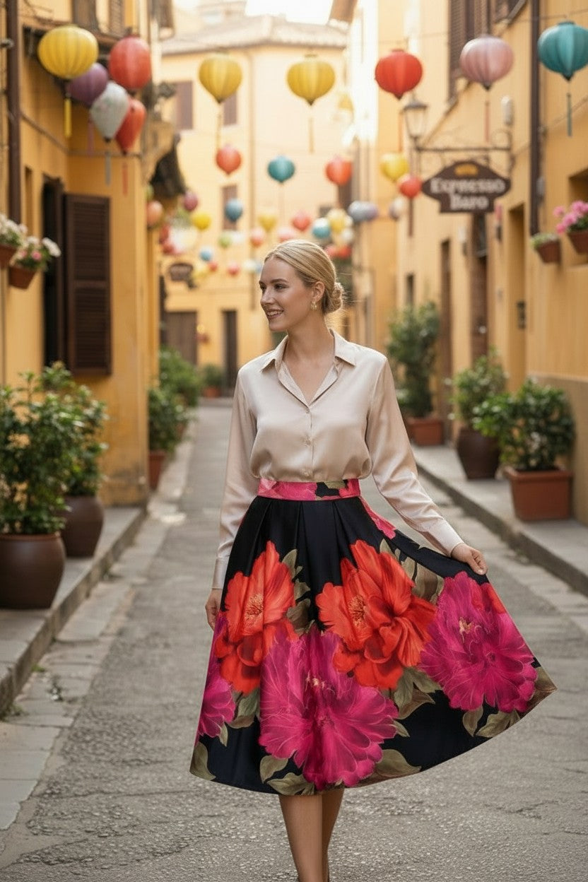Fustă Cloș Midi cu Imprimeu Floral - Neagră