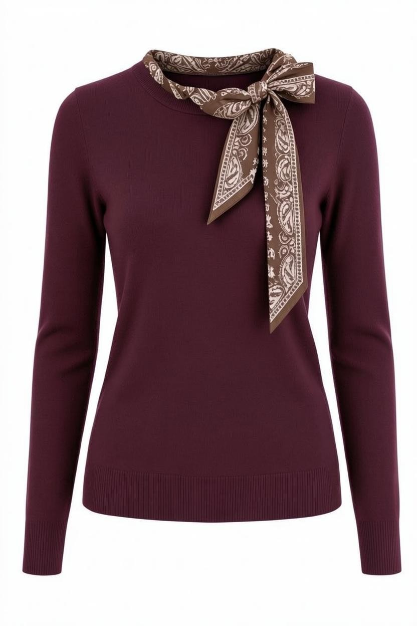 Pulover tricotat cu eșarfă paisley la gât – burgundy