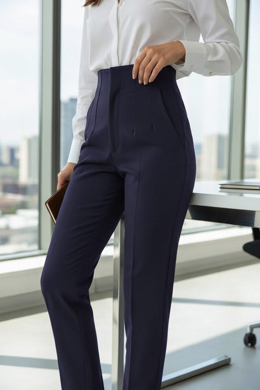 Pantaloni office de damă cu talie înaltă, bleumarin – vedere din lateral