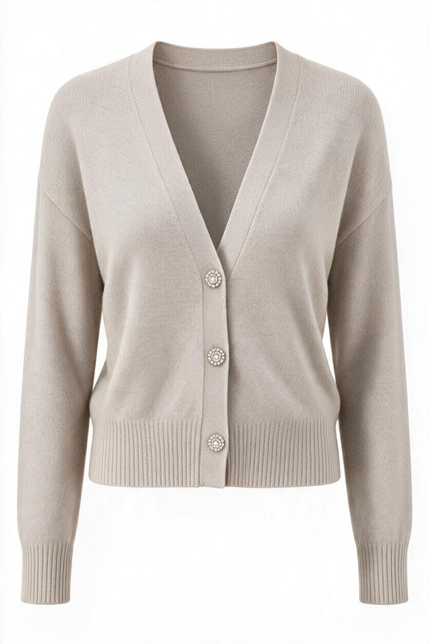 Cardigan tricotat de damă bej cu nasturi bijuterie – față