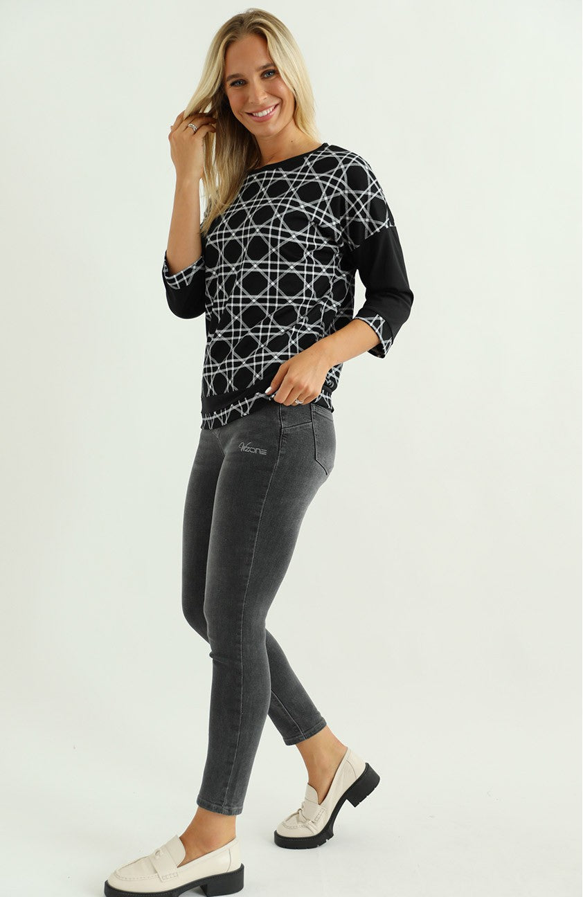 Bluză cu Imprimeu Geometric și Mâneci Trei Sferturi Warp Zone Neagră