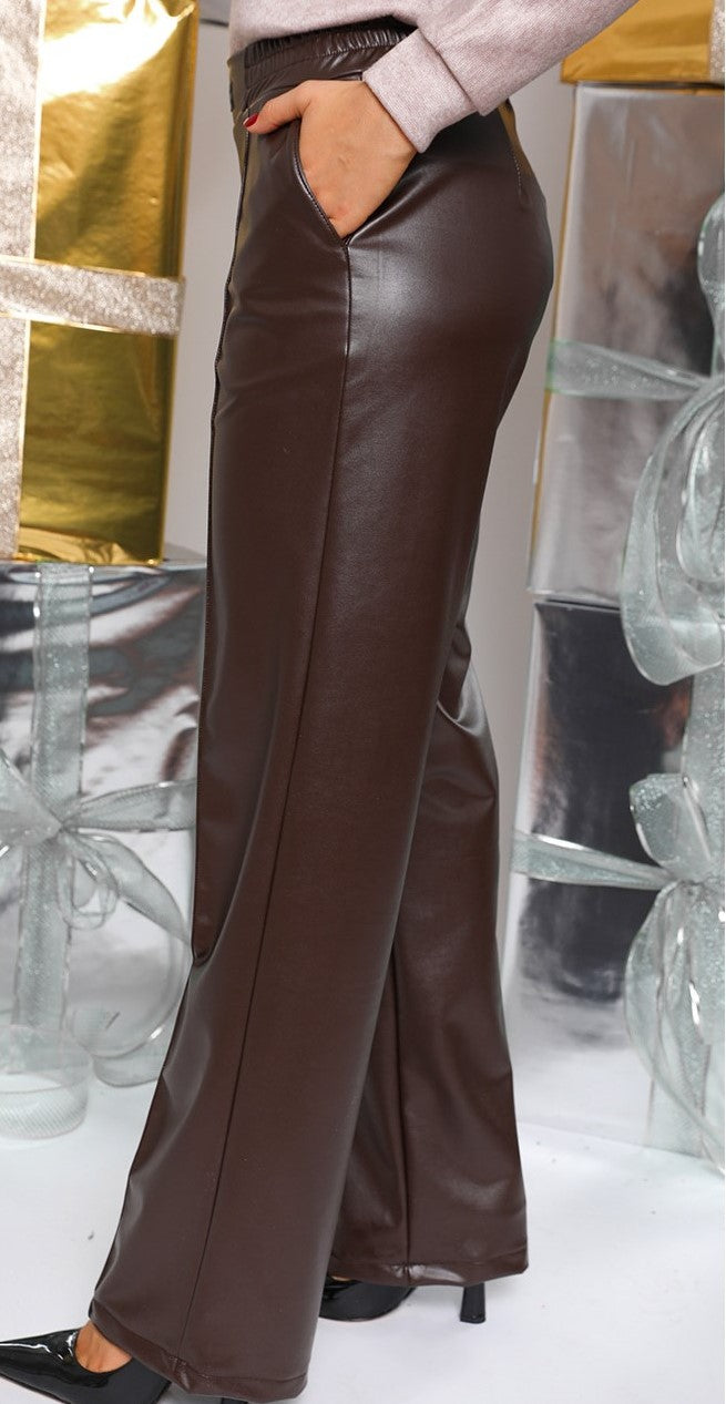 Pantaloni Evazați din Piele Ecologică-Marou