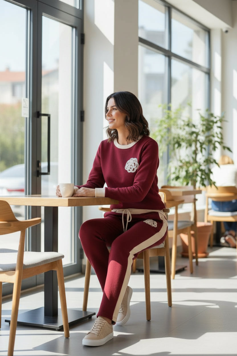 Compleu Tricotat Burgundi Premium cu Detalii Florale