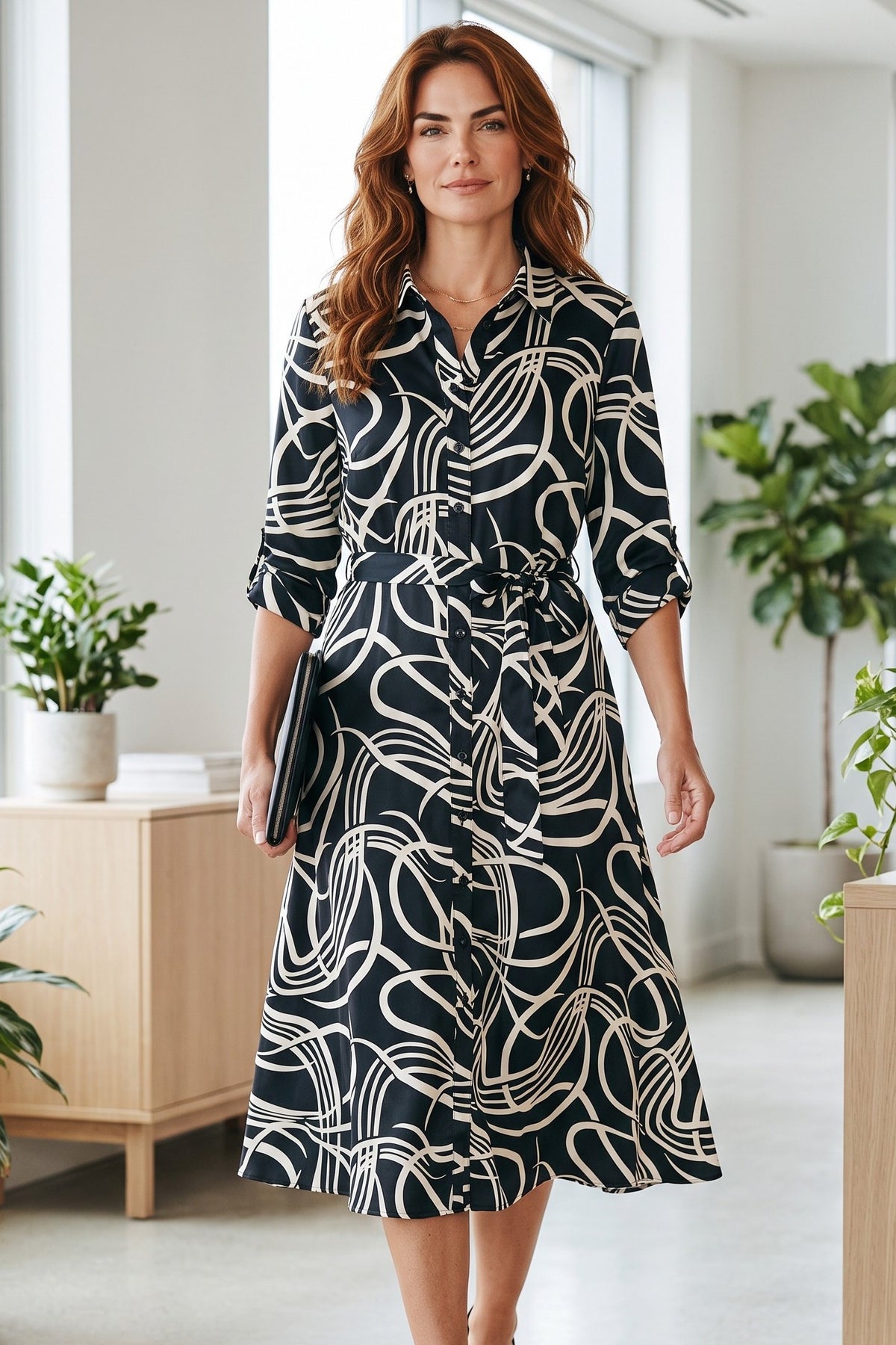 Rochie midi tip cămașă de damă neagră cu imprimeu abstract și cordon – purtată