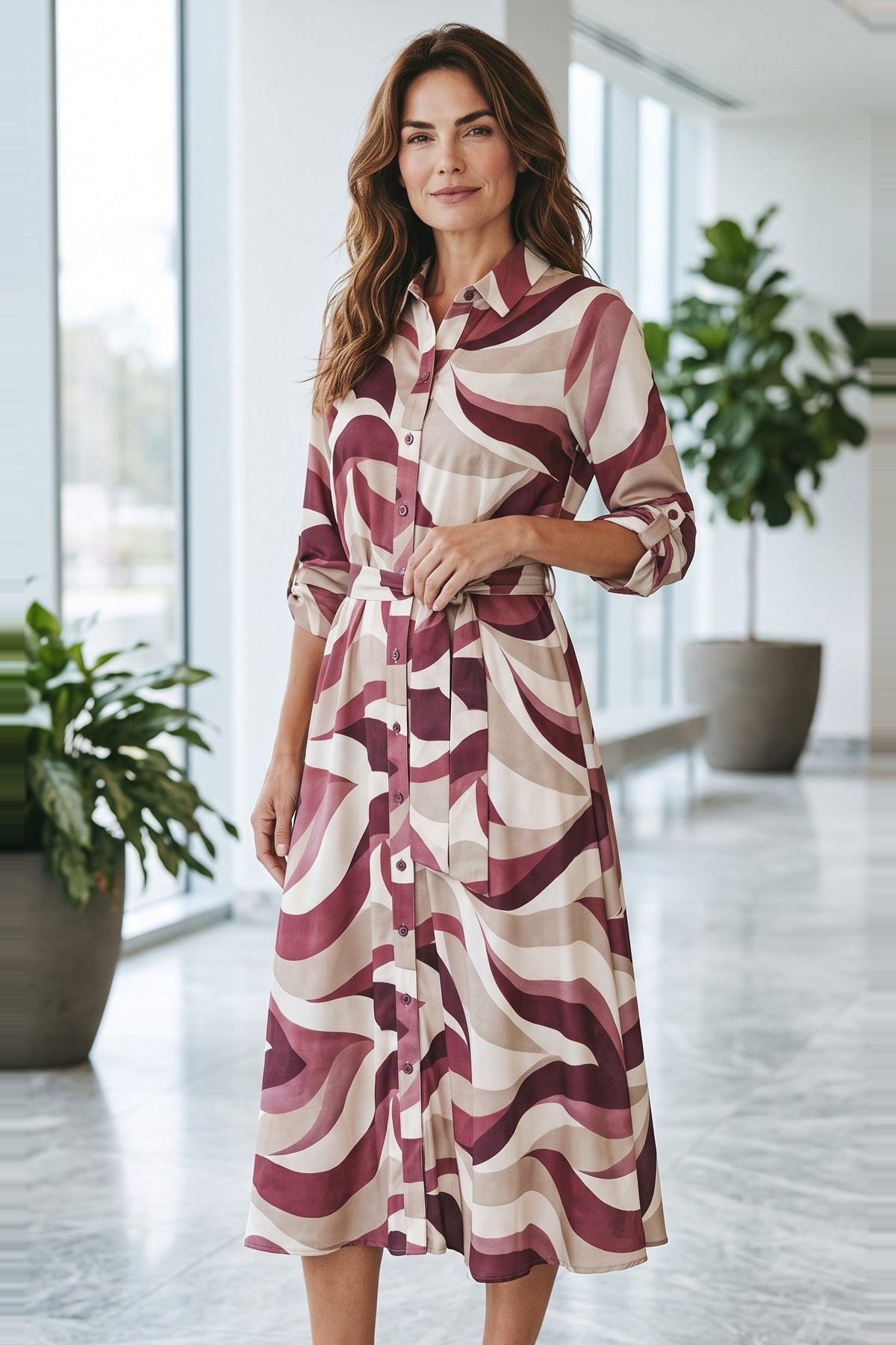 Rochie tip cămașă de damă bordo cu imprimeu abstract, mâneci trei sferturi – purtată