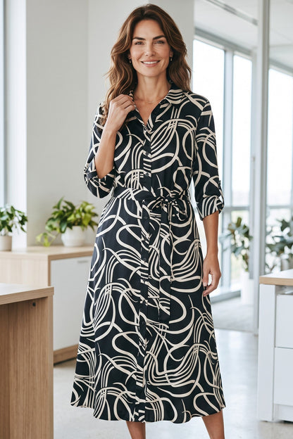 Rochie tip cămașă de damă neagră cu imprimeu abstract, mâneci trei sferturi – purtată