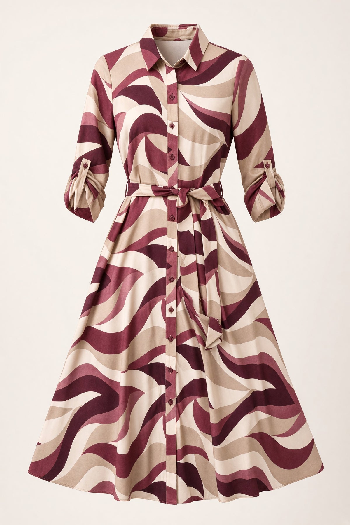 Rochie midi tip cămașă de damă bordo cu imprimeu abstract – față