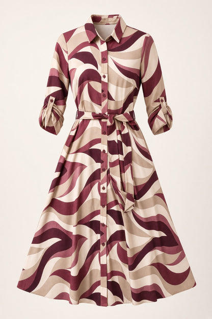 Rochie midi tip cămașă de damă bordo cu imprimeu abstract – față