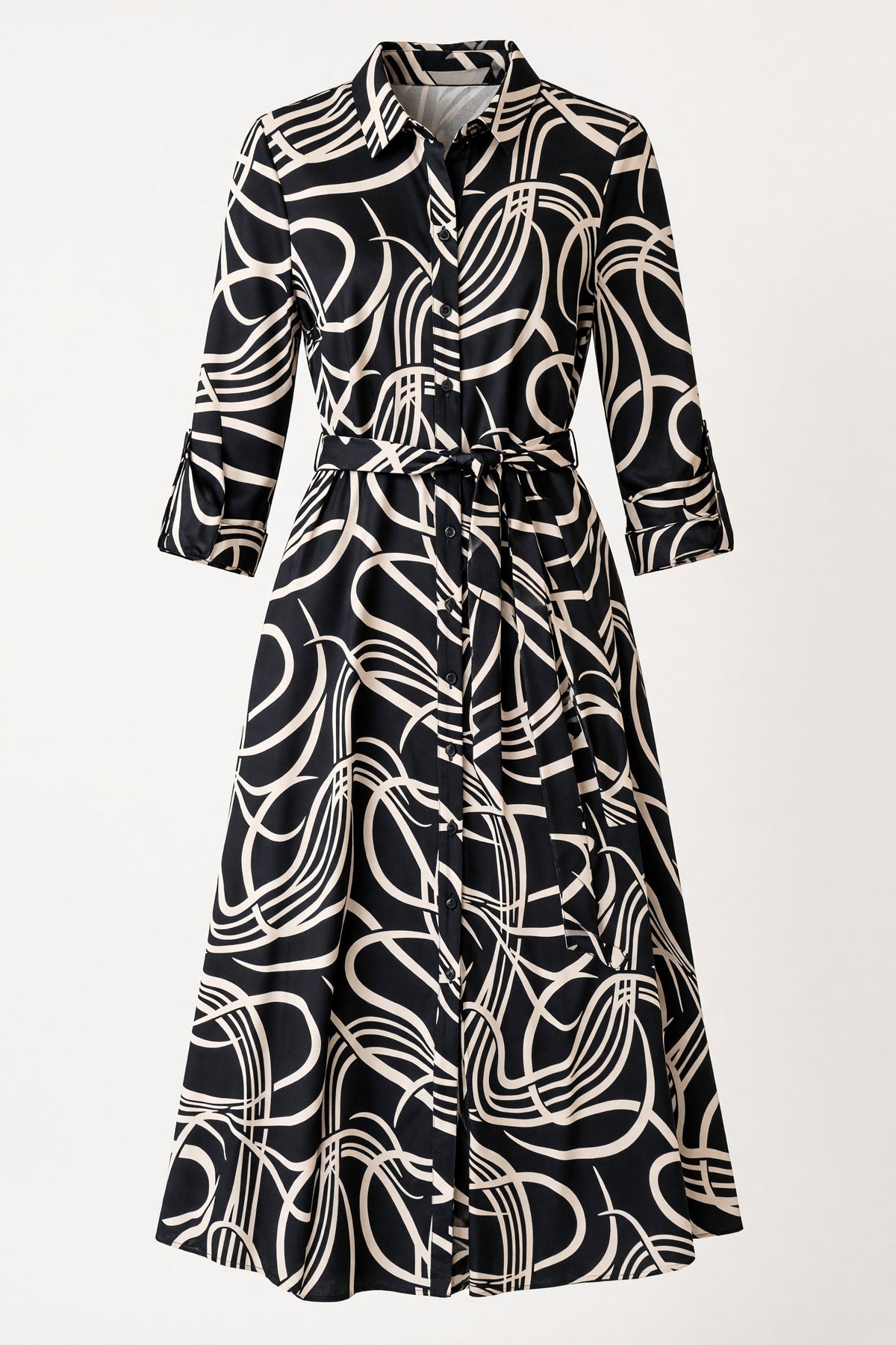 Rochie midi tip cămașă de damă neagră cu imprimeu abstract – față