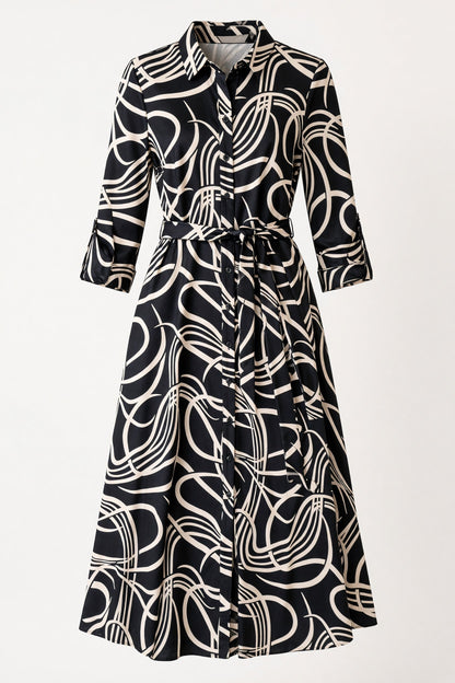 Rochie midi tip cămașă de damă neagră cu imprimeu abstract – față