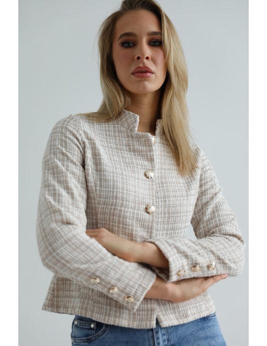 Jachetă tip Sacou Tweed cu Nasturi Aurii - Bej