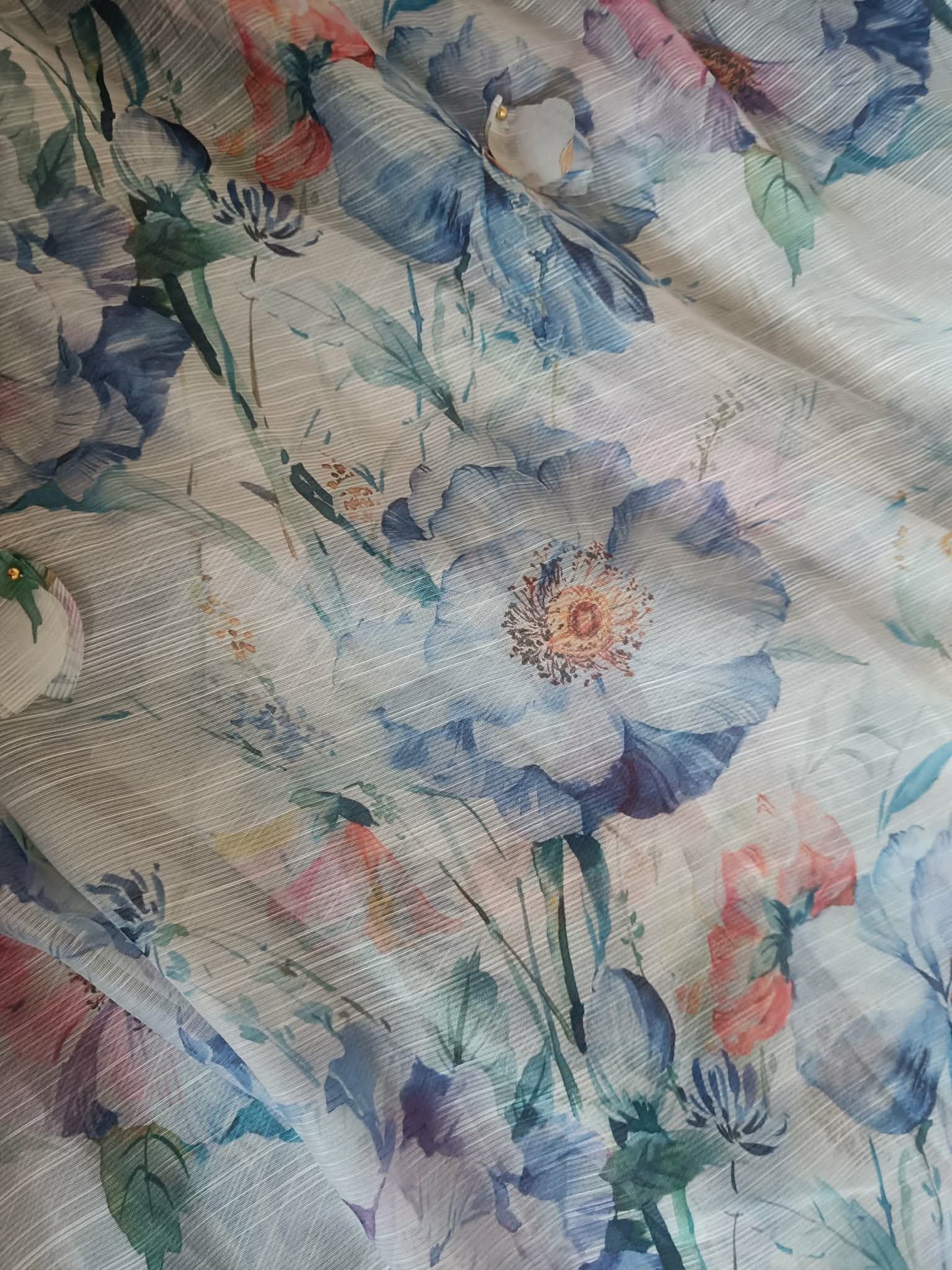 Rochie Lungă  cu Mâneci Bufante & Nasturi Aurii și Imprimeu Floral - Baby Blue