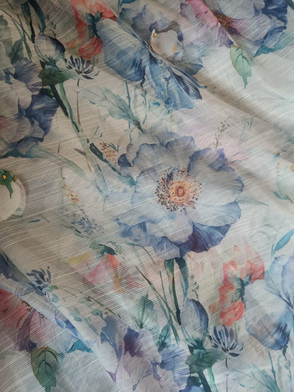 Rochie Lungă  cu Mâneci Bufante & Nasturi Aurii și Imprimeu Floral - Baby Blue