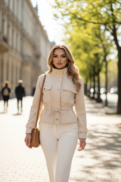 Jachetă cu Talie Marcantă și Nasturi Aurii - Bej