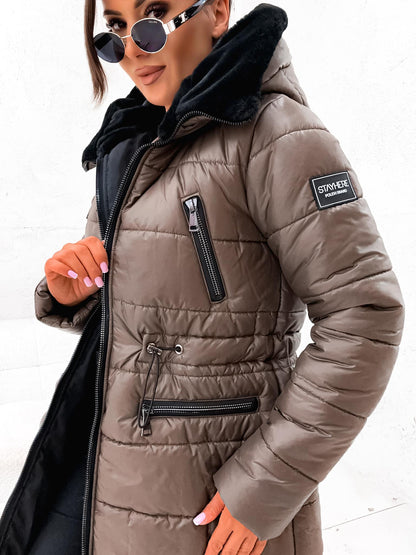 Geacă Matlasată Lung Cu Fermoare și Glugă Marou