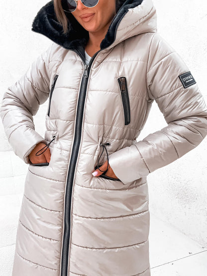 Geacă Matlasată Lung Cu Fermoare și Glugă Bej