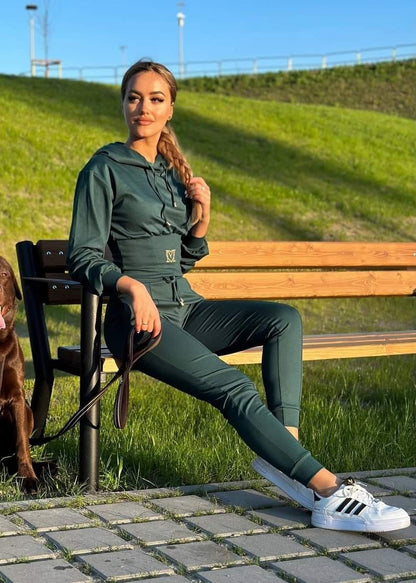 Trening Bumbac Cu Glugă și Talie Reglabilă Verde