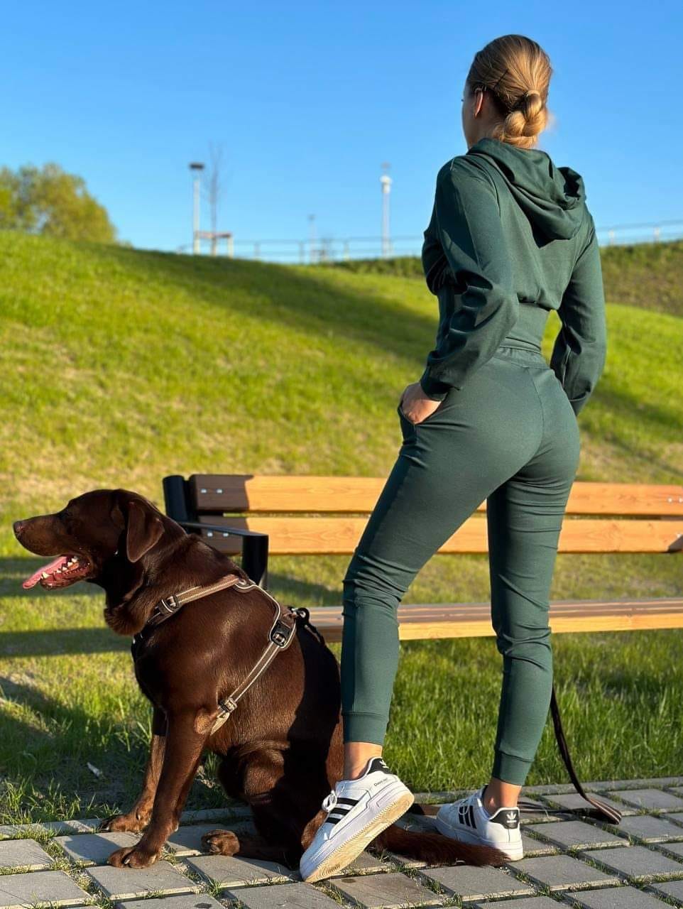 Trening Bumbac Cu Glugă și Talie Reglabilă Verde