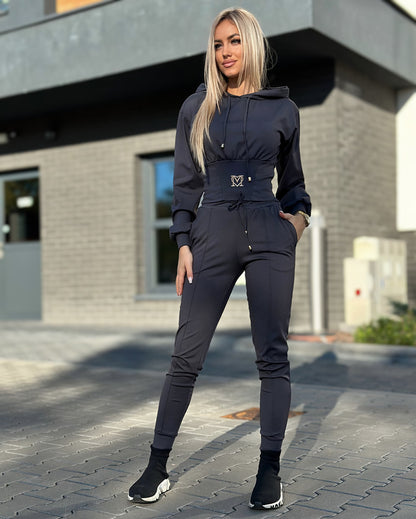 Trening Bumbac Cu Glugă și Talie Reglabilă Neagră