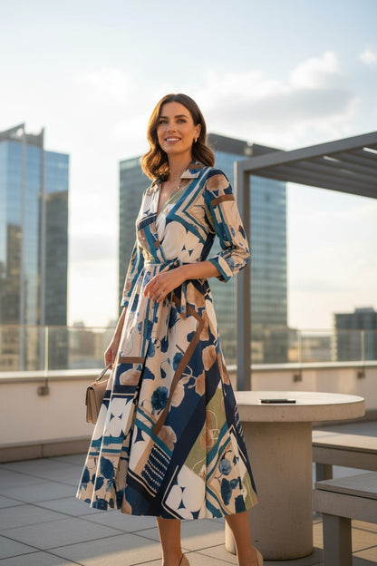 Rochie Maxi Petrecută cu Imprimeu Floral și Geometric - Bluemarin