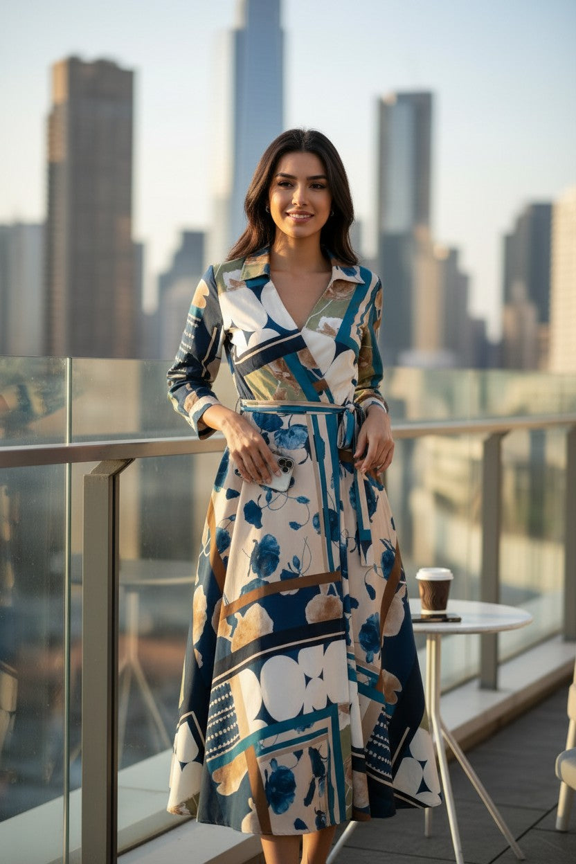 Rochie Maxi Petrecută cu Imprimeu Floral și Geometric - Bluemarin