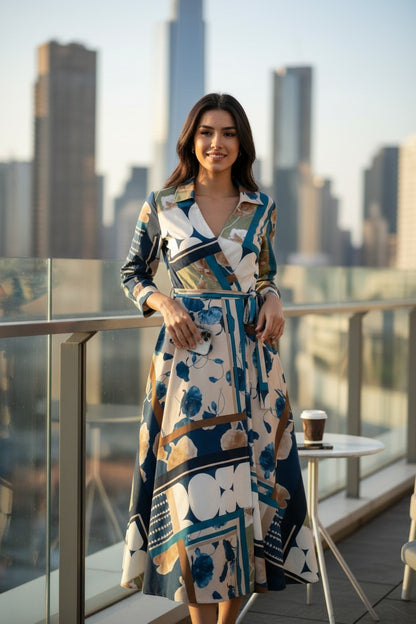 Rochie Maxi Petrecută cu Imprimeu Floral și Geometric - Bluemarin