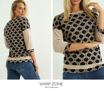 Bluză cu Imprimeu Geometric și Mâneci Trei Sferturi Warp Zone Bej