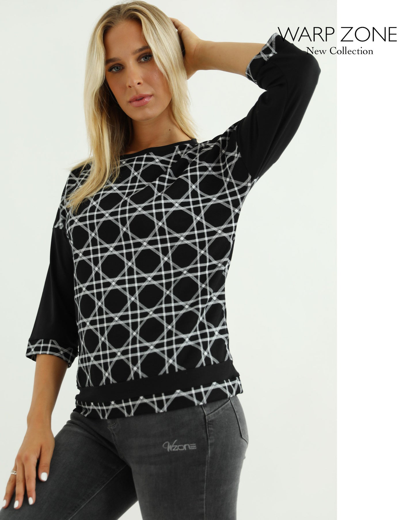 Bluză cu Imprimeu Geometric și Mâneci Trei Sferturi Warp Zone Neagră