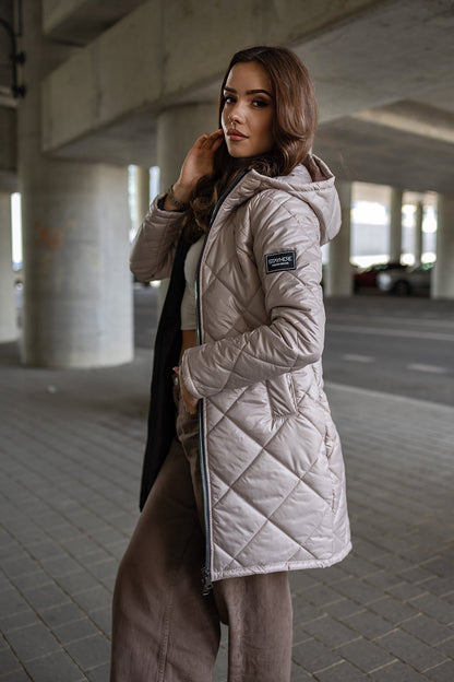 Geacă Steppat Cu Glugă, Drept ,Bej