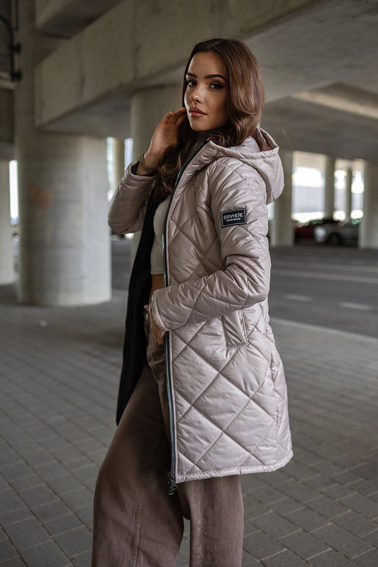 Geacă Steppat Cu Glugă, Drept ,Bej