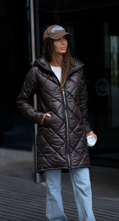 Geacă Steppat Cu Glugă, Drept , Negru