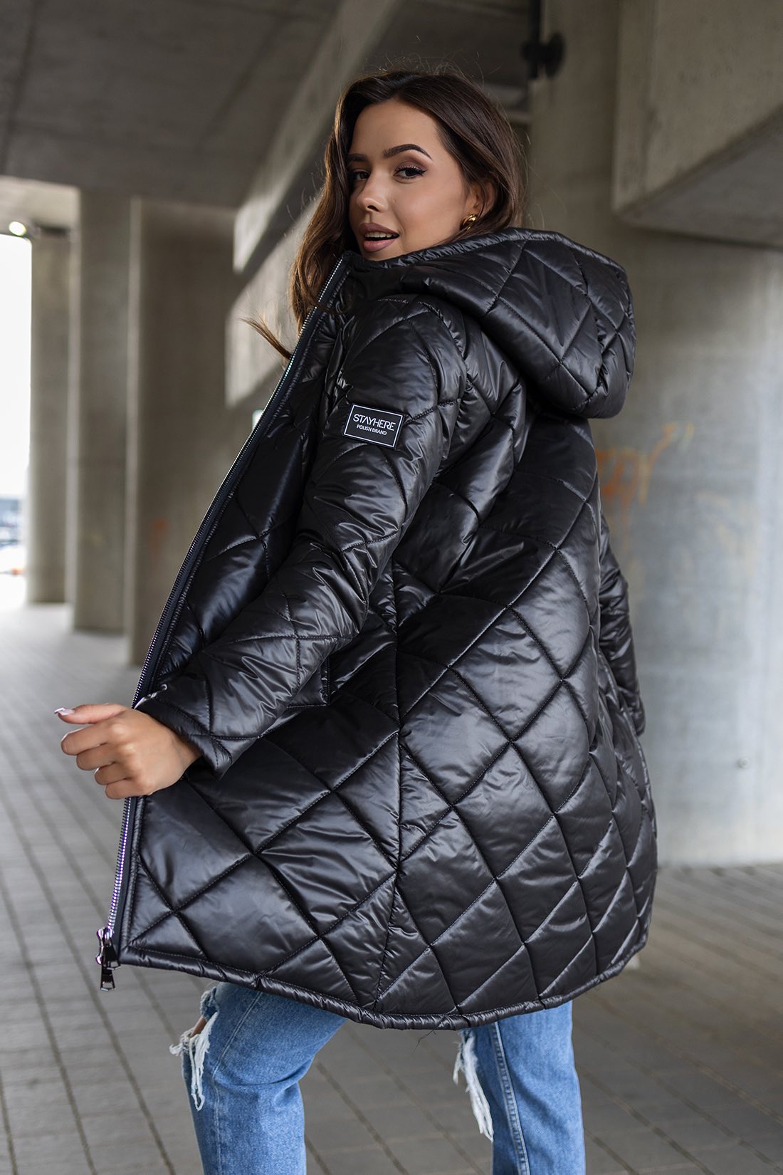 Geacă Steppat Cu Glugă, Drept , Negru