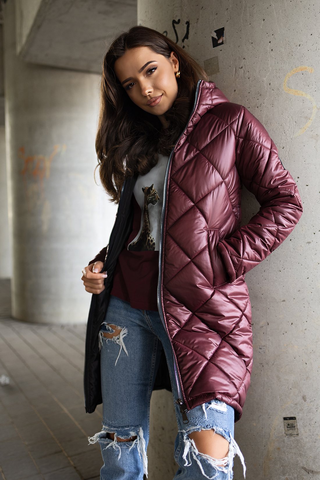 Geacă Steppat Cu Glugă, Drept ,Burgundi