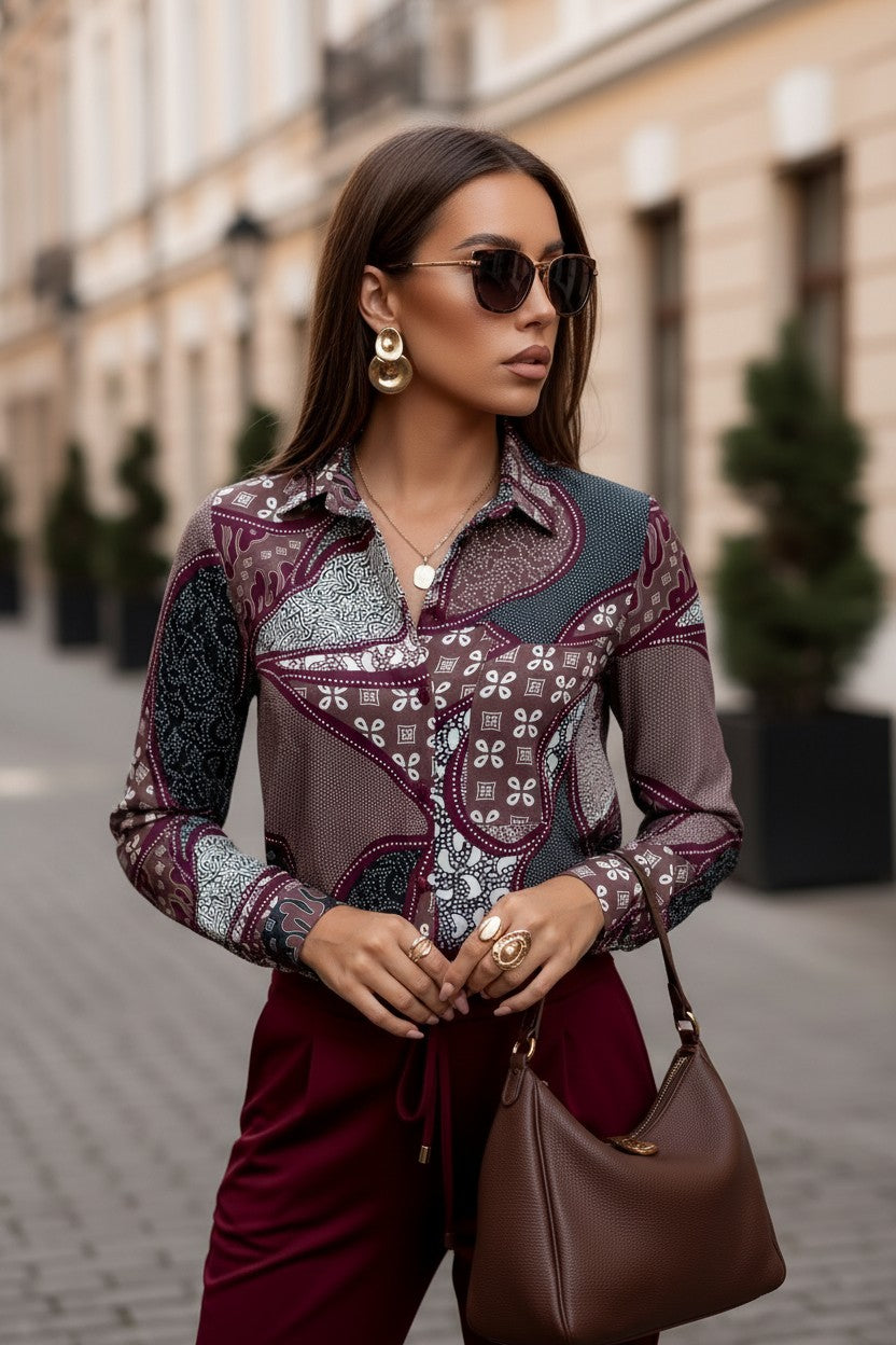 Cămașă elegantă de damă cu imprimeu patchwork bordo – purtată cu o geantă maro