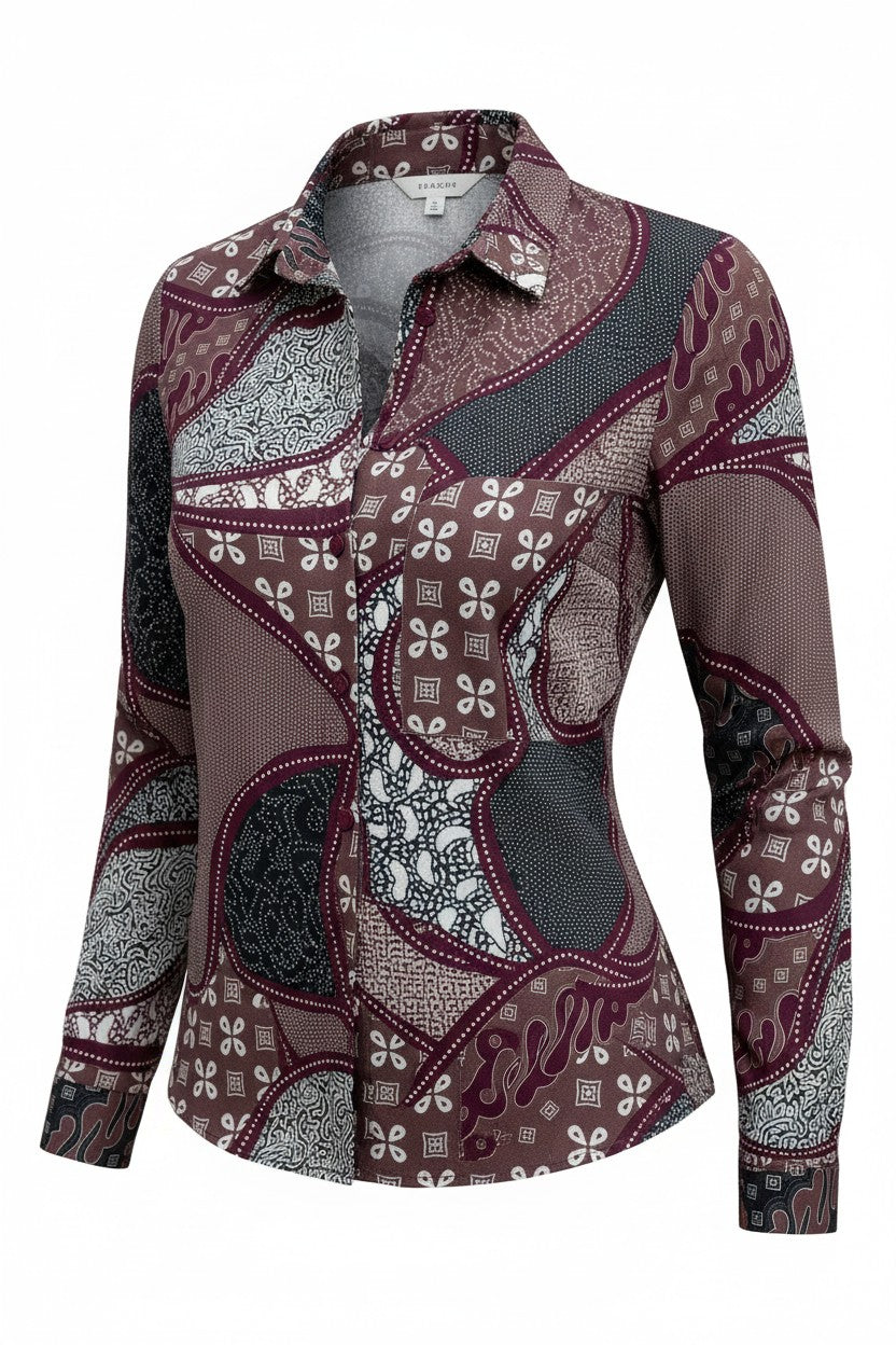 Cămașă elegantă de damă cu imprimeu patchwork bordo – imagine de produs, pe fundal alb