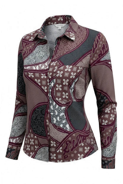 Cămașă elegantă de damă cu imprimeu patchwork bordo – imagine de produs, pe fundal alb