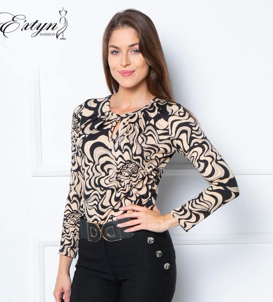 Bluză Elegantă cu Imprimeu Abstract Bej și Negru