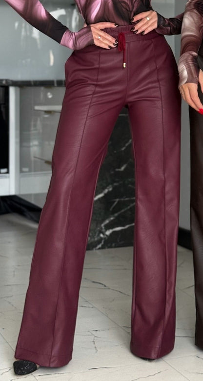 Pantaloni Evazați din Piele Ecologică – Burgundy