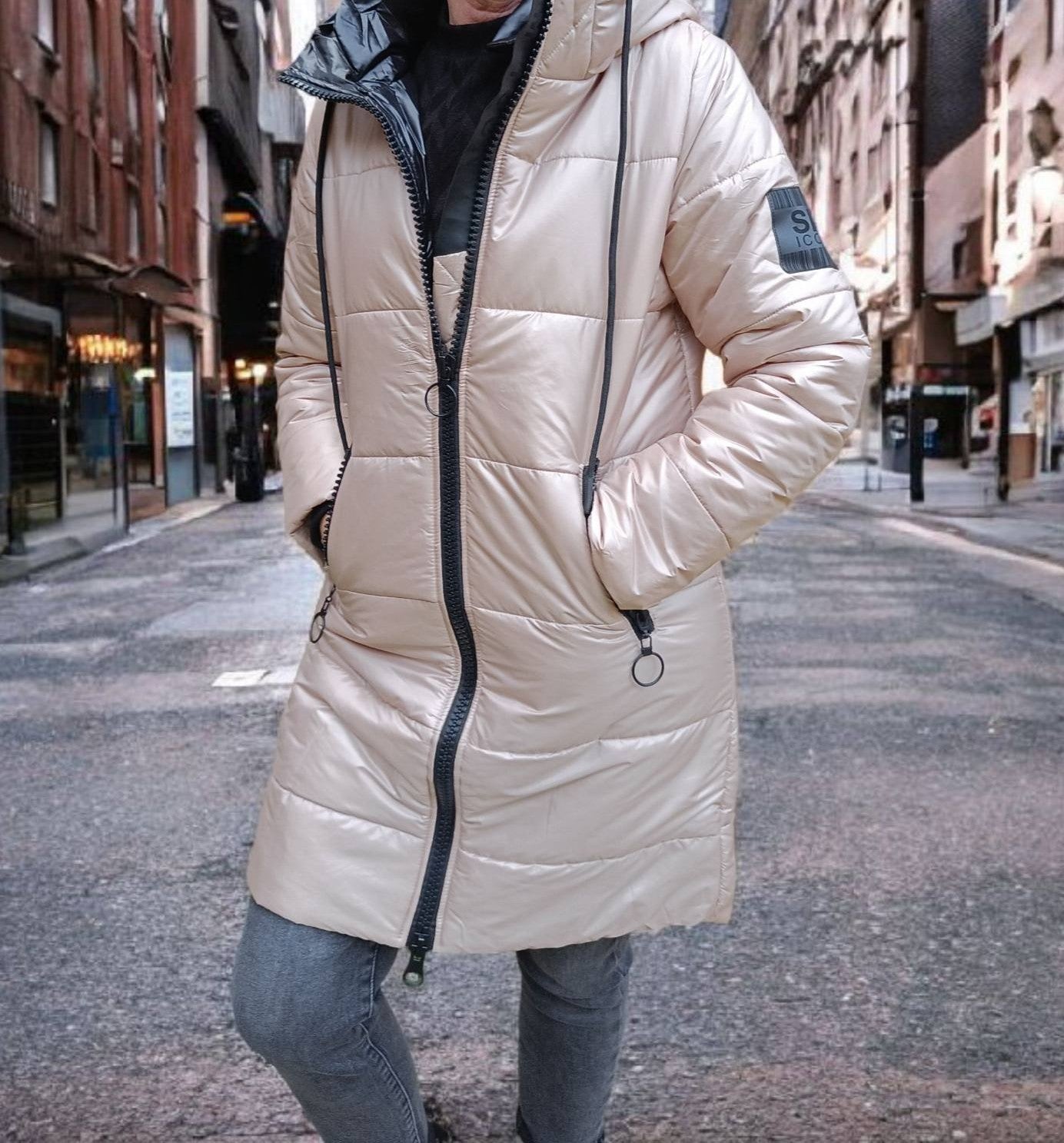 Geacă Matlasată Groasă Cu Glugă  Bej