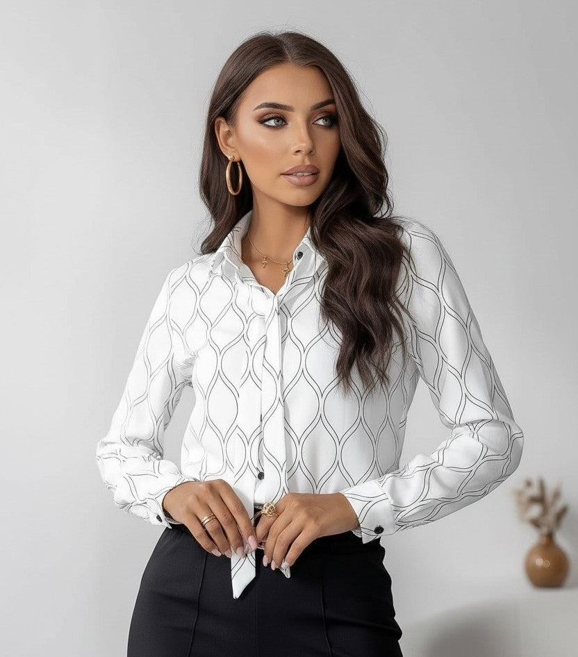 Cămașă elegantă de damă albă cu eșarfă – vedere din față