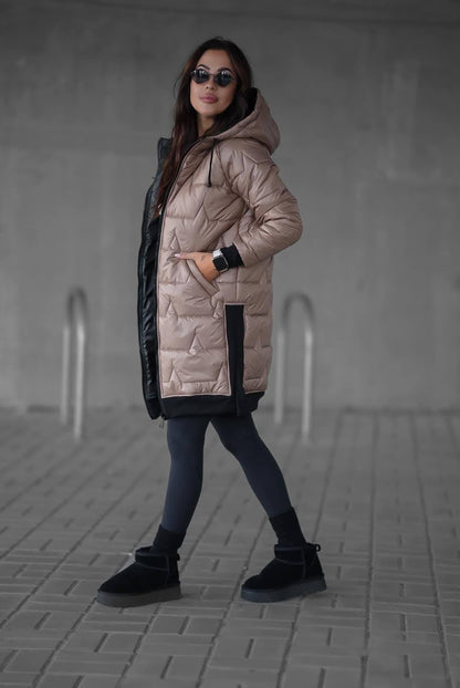 Geacă damă vătuită lungă matlasată cu glugă