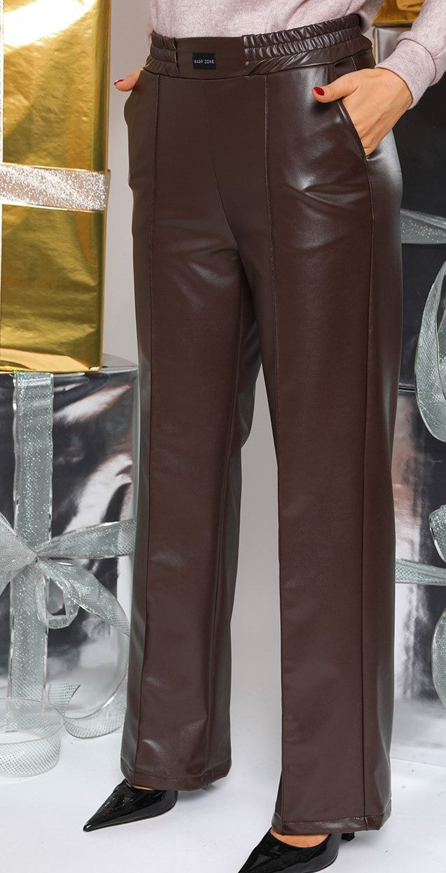 Pantaloni Evazați din Piele Ecologică-Marou