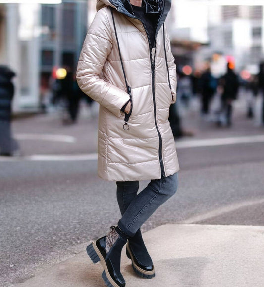 Geacă Matlasată Groasă Cu Glugă  Bej